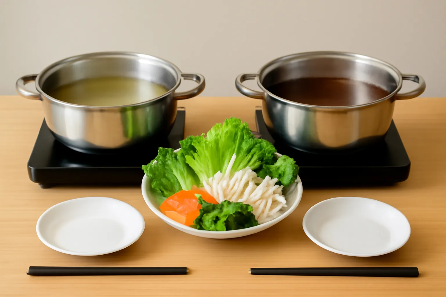 Bàn ăn bày hai nồi lẩu riêng với các đĩa đồ nhúng