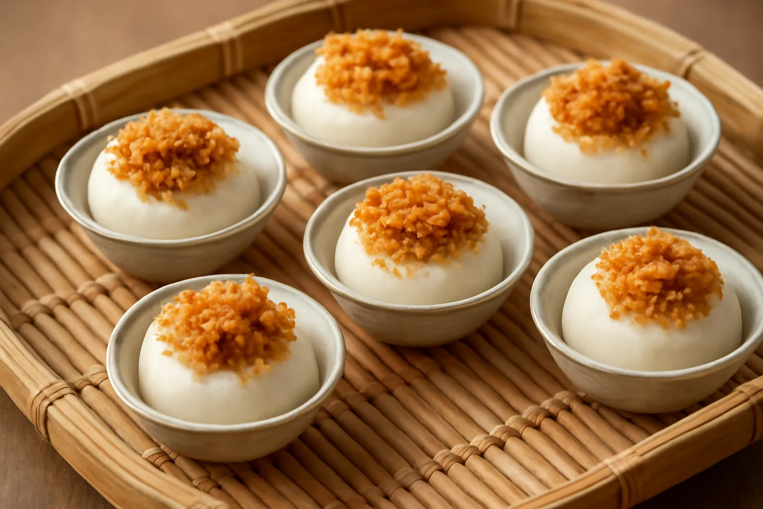 Mấy chén bánh bèo nhỏ rắc nhân trên khay tre