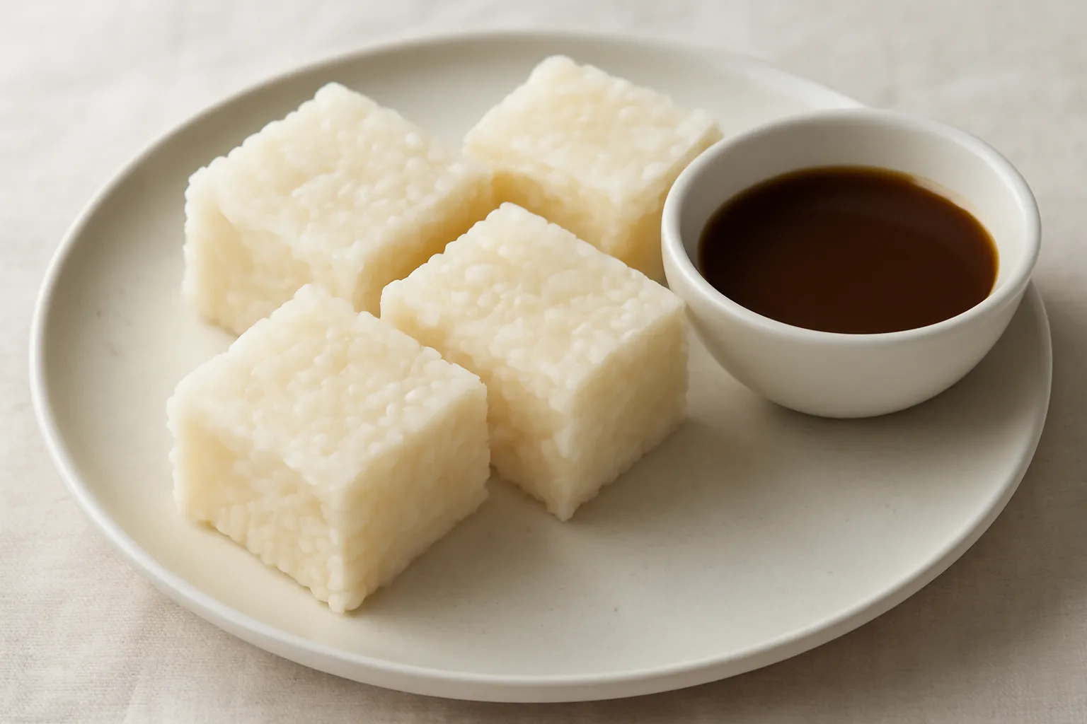 Miếng bánh đúc trắng cắt vuông trên đĩa với chén tương