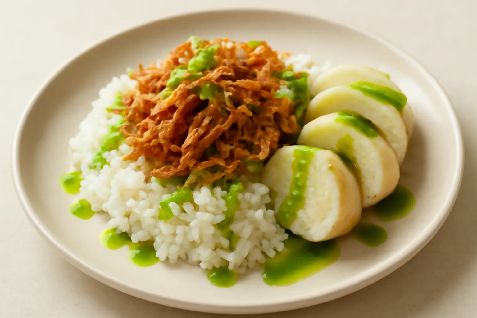 Đĩa cơm với bì sợi, chả cắt miếng và mỡ hành rưới lên