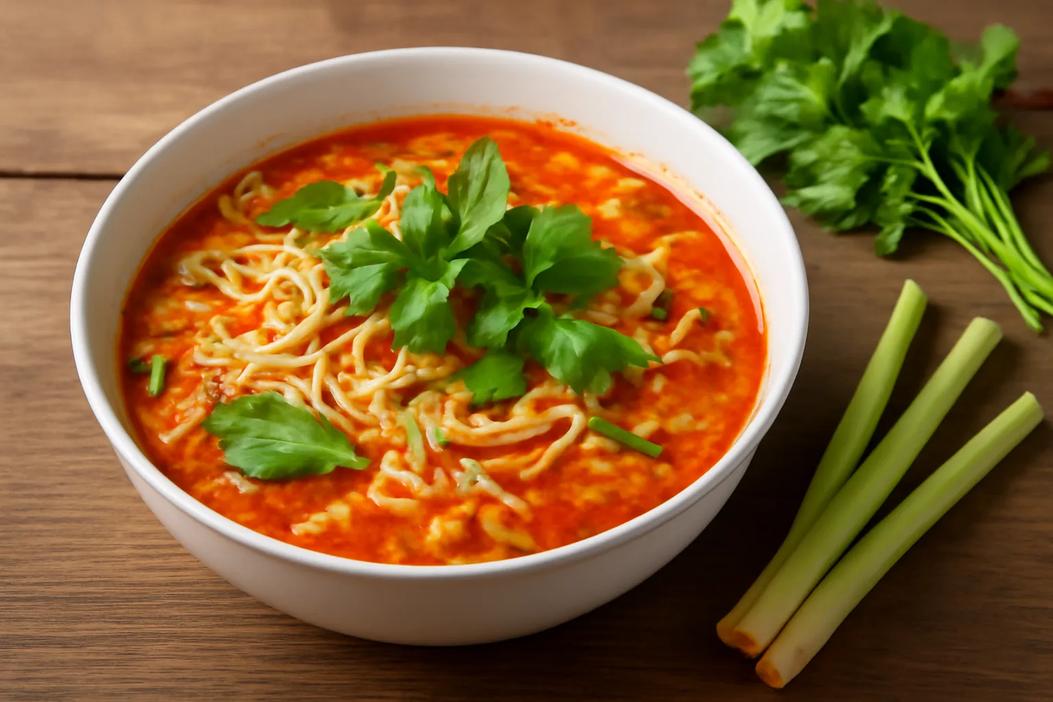 Tô bún với nước đỏ màu điều, sả cây và rau sống bên cạnh