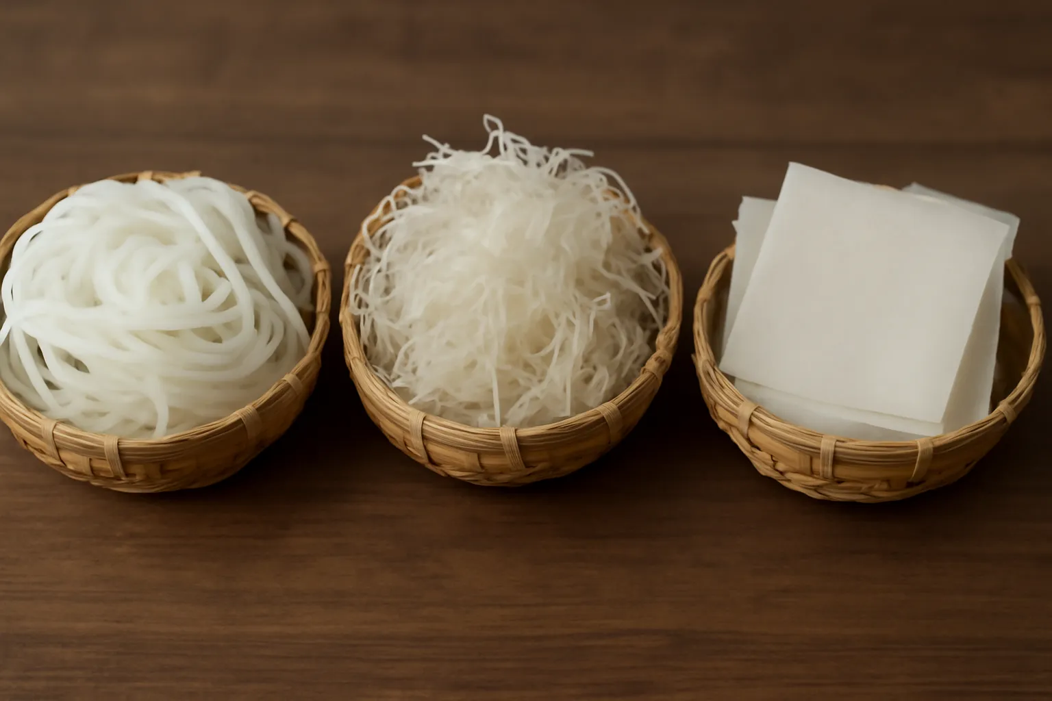Ba rổ nhỏ đựng bún tươi, miến khô và bánh phở