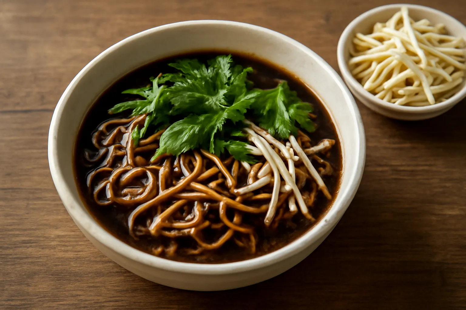 Tô bún nước đậm màu với rau sống và giá bên cạnh