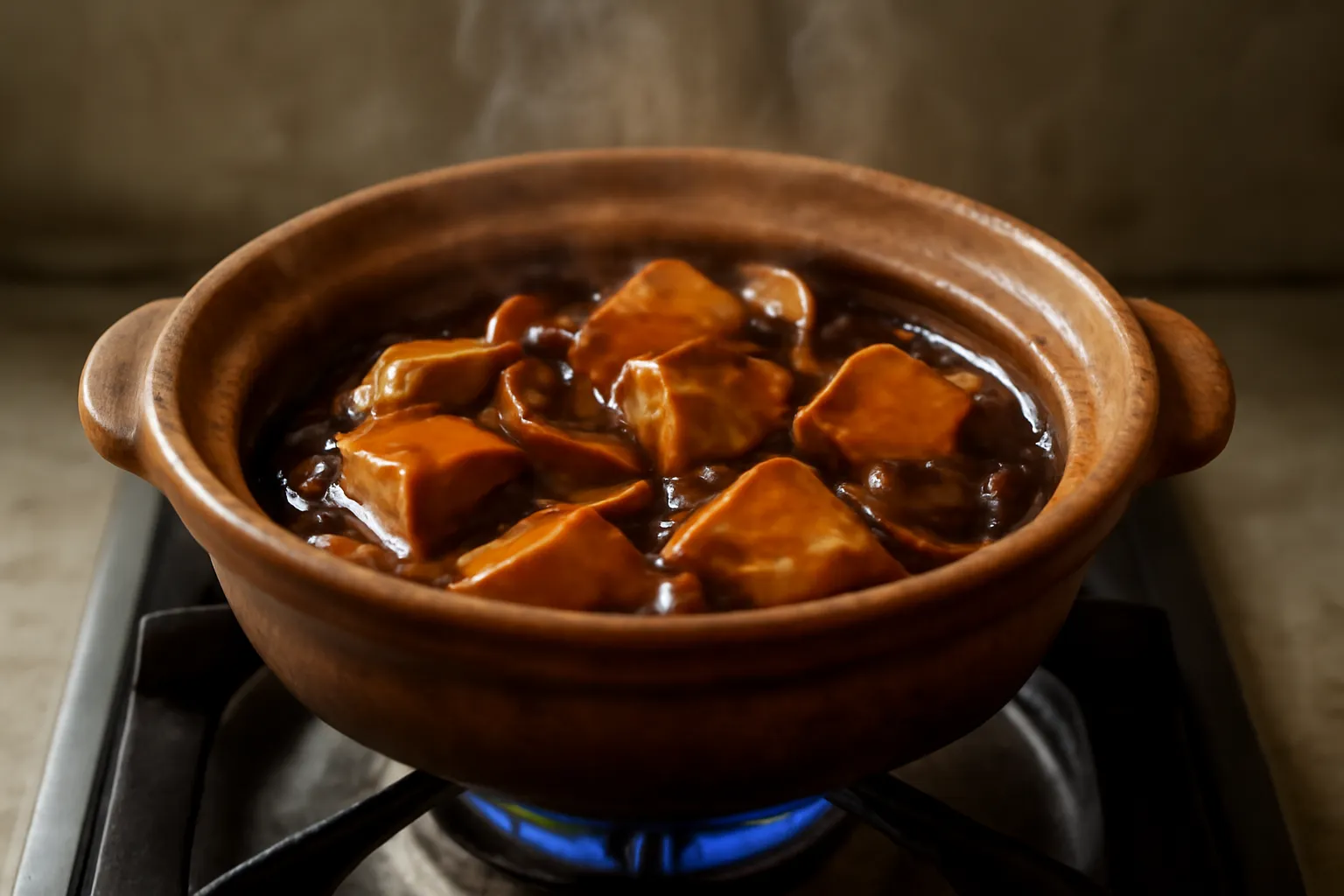 Tộ đất đang kho trên bếp, nước kho sánh màu cánh gián, bên cạnh là đĩa rau luộc