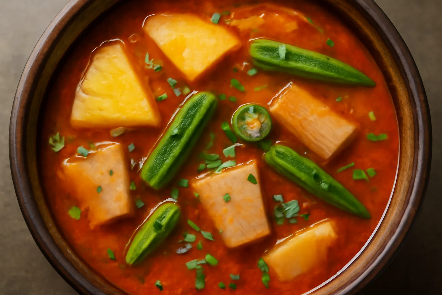Nồi canh chua đang sôi với lát thơm, đậu bắp và bạc hà nổi trên mặt nước màu nâu đỏ