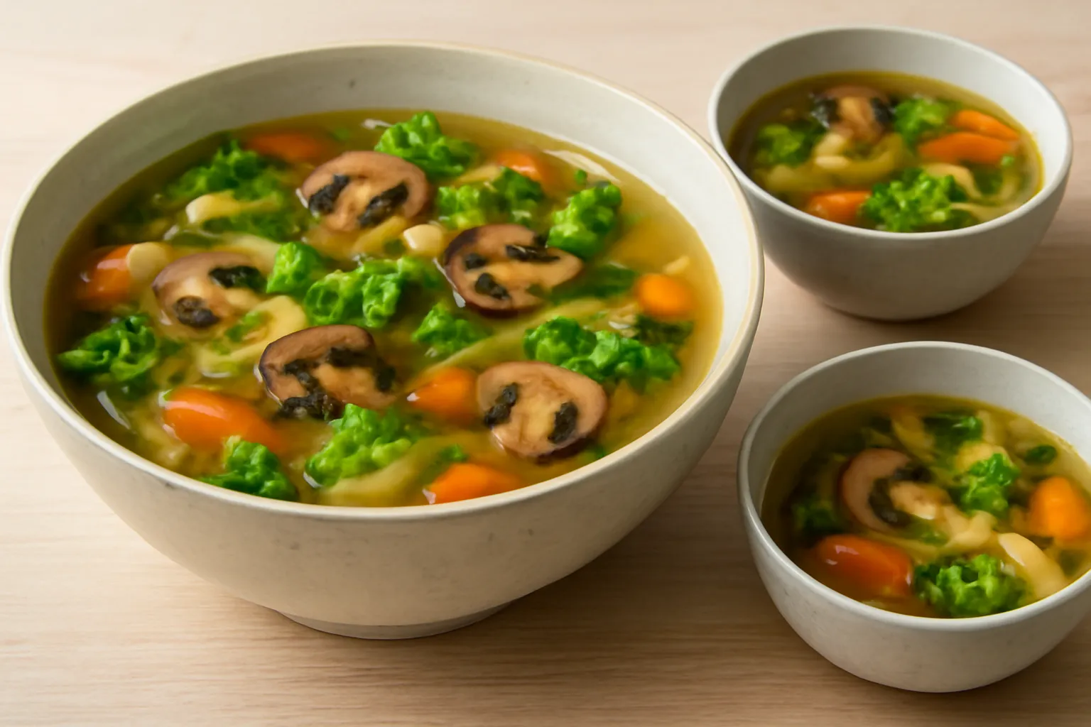 Tô canh lớn với nấm và rau củ đặt cạnh bát nhỏ