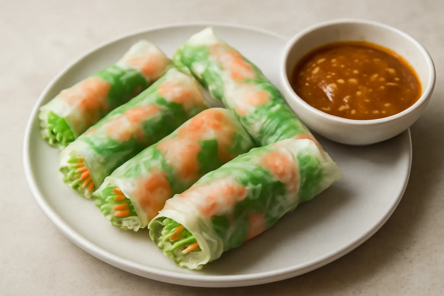 Mấy cuốn gỏi cuốn trong suốt bày trên đĩa với chén tương