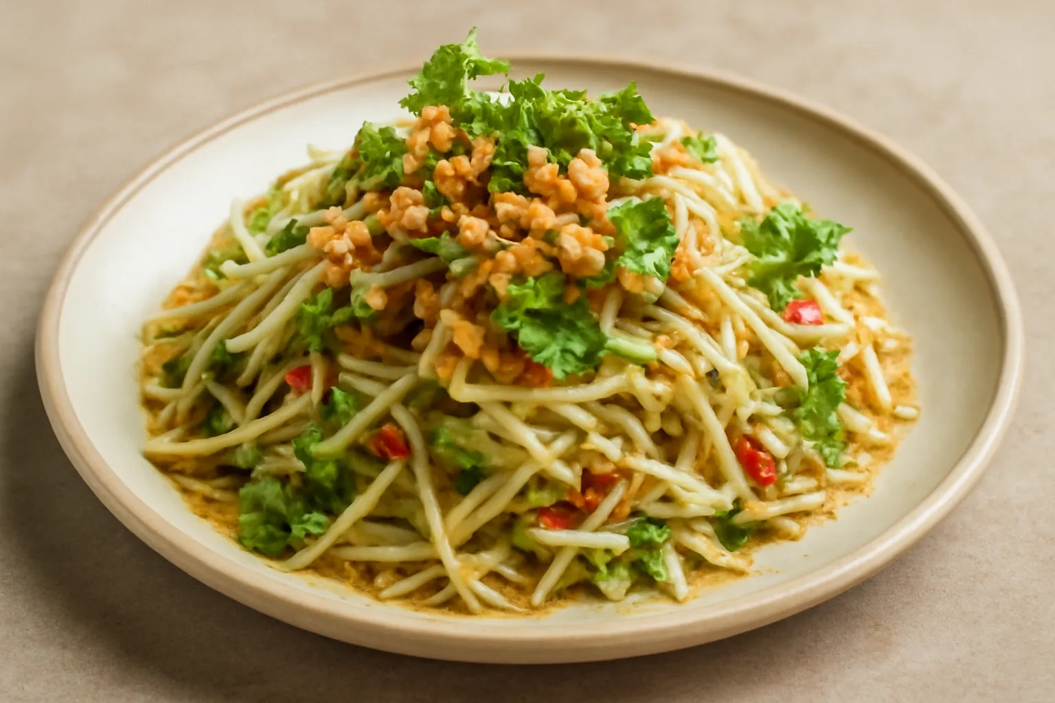 Đĩa nộm đu đủ bào sợi rắc lạc rang và rau thơm