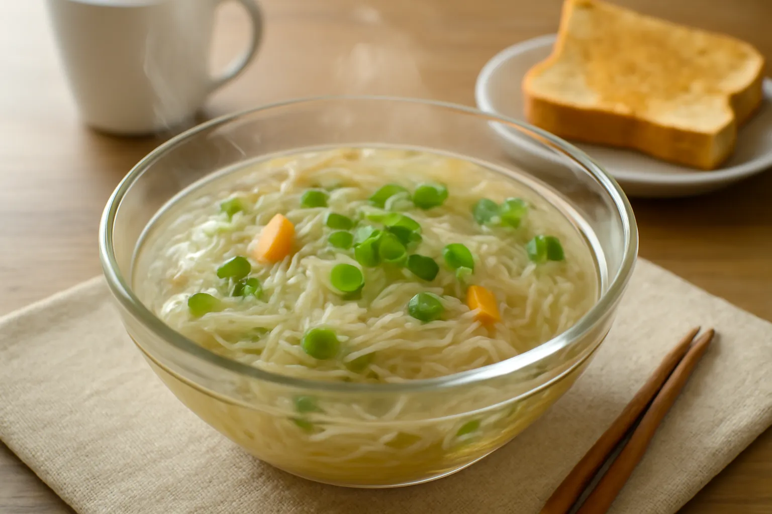 Tô miến nóng bốc hơi trên bàn ăn sáng