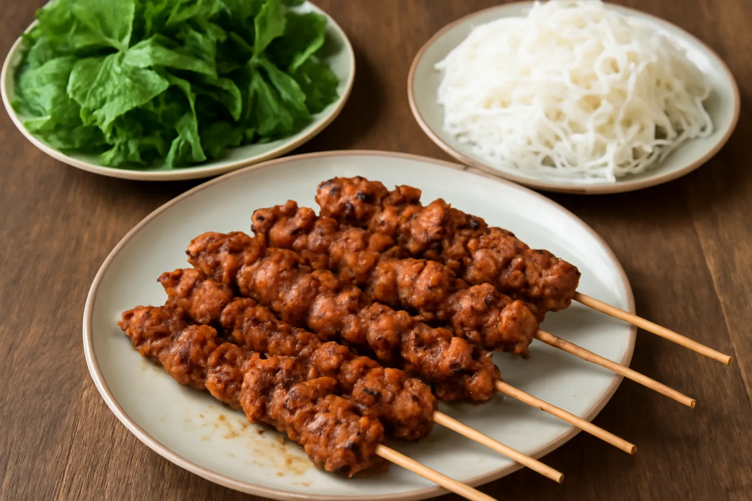 Mấy que nem nướng vàng cạnh đĩa rau sống và bún