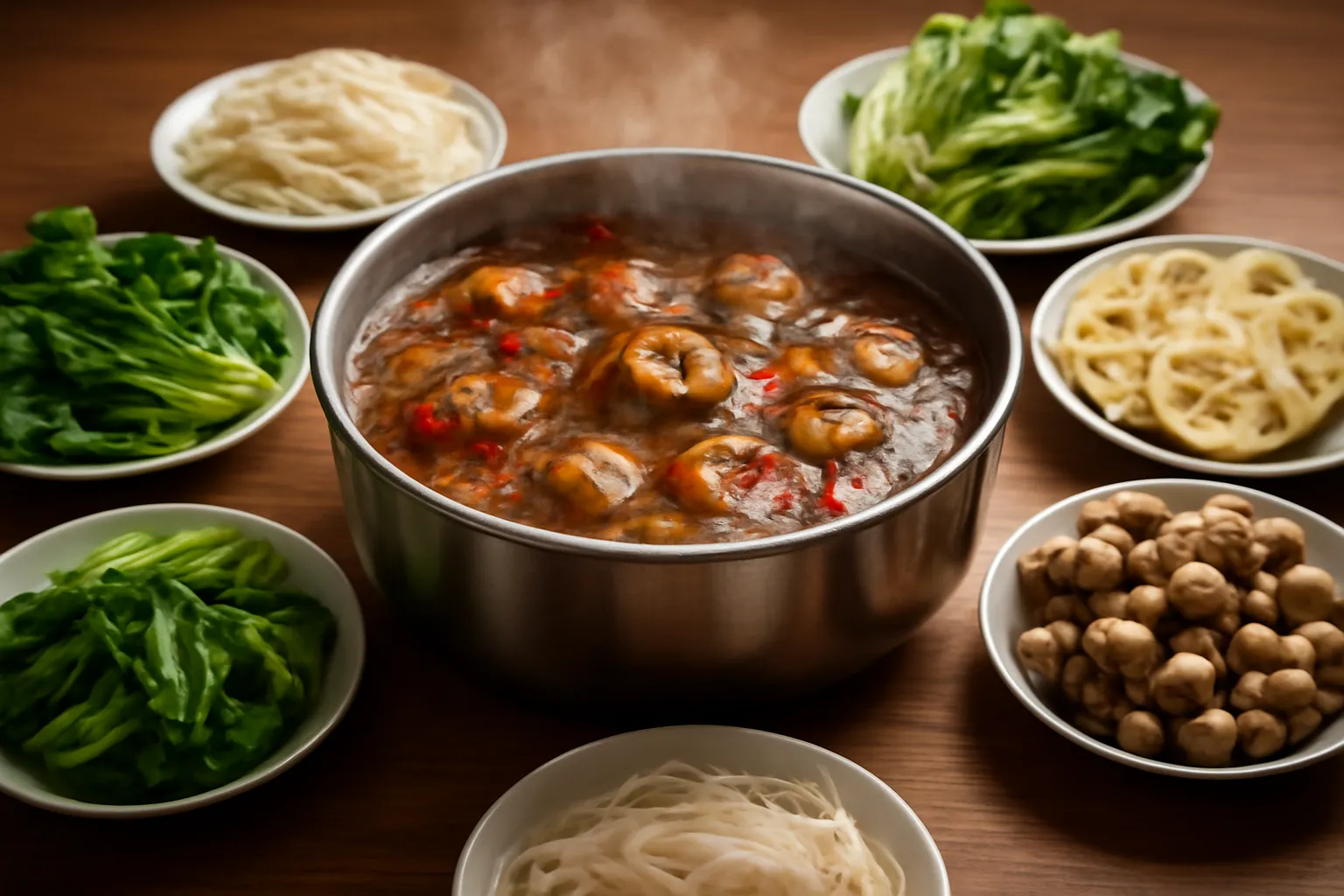 Nồi lẩu bốc hơi giữa bàn với các đĩa rau nấm quanh