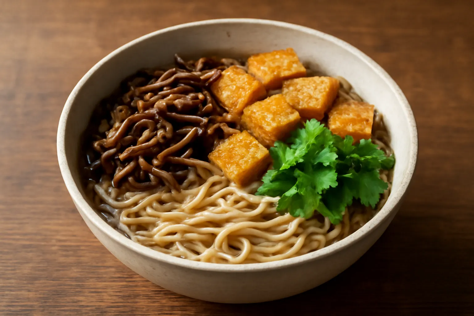 Tô bún với nấm xé sợi, đậu hũ chiên và rau xanh